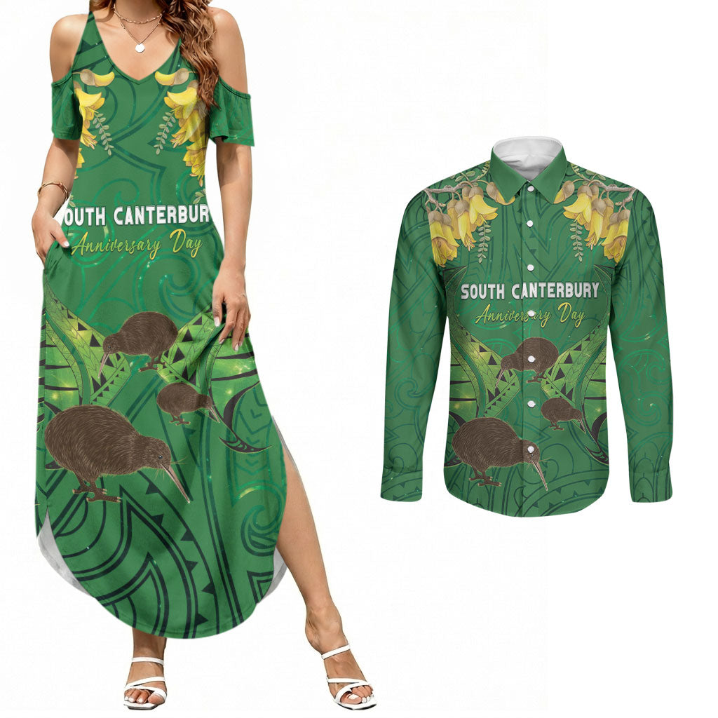 Personalised South Canterbury Anniversary Day Couples Matching Summer Maxi Dress and Long Sleeve Button Shirt Kiwi Kowhai Silver Fern Maori Pattern LT22 Green - Polynesian Pride