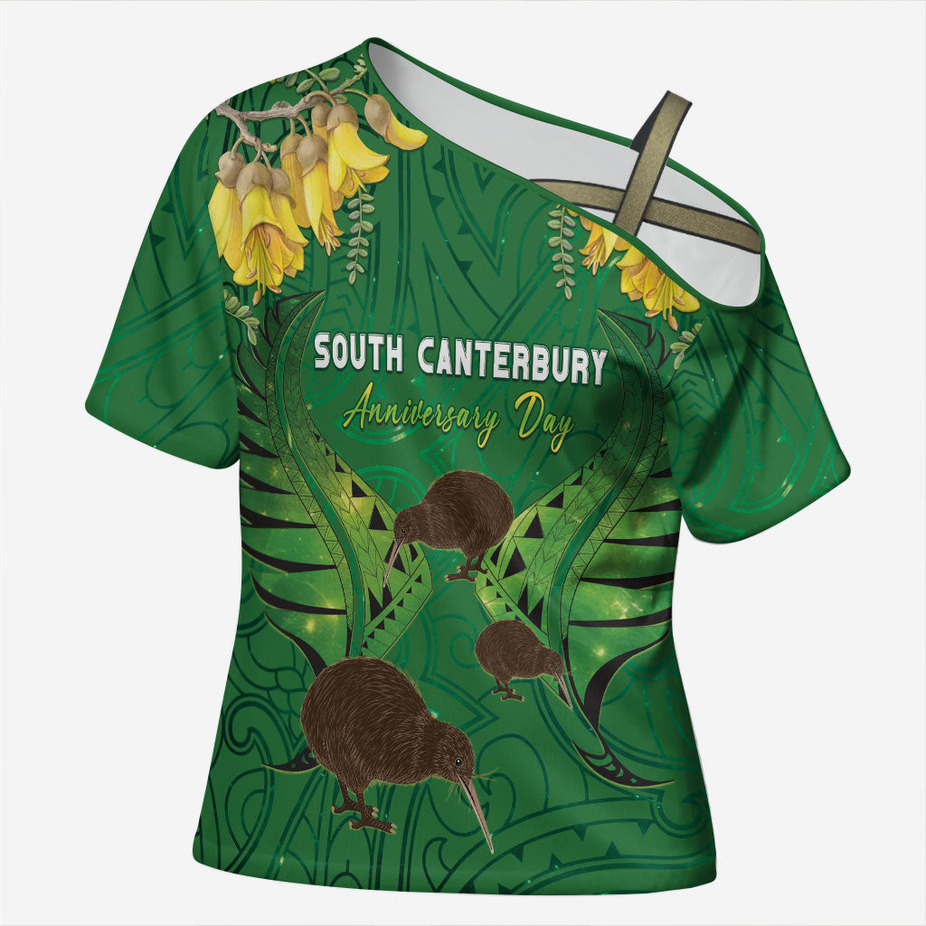 Personalised South Canterbury Anniversary Day Cross Shoulder Shirt Kiwi Kowhai Silver Fern Maori Pattern
