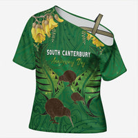 Personalised South Canterbury Anniversary Day Cross Shoulder Shirt Kiwi Kowhai Silver Fern Maori Pattern LT22 Female Green - Polynesian Pride
