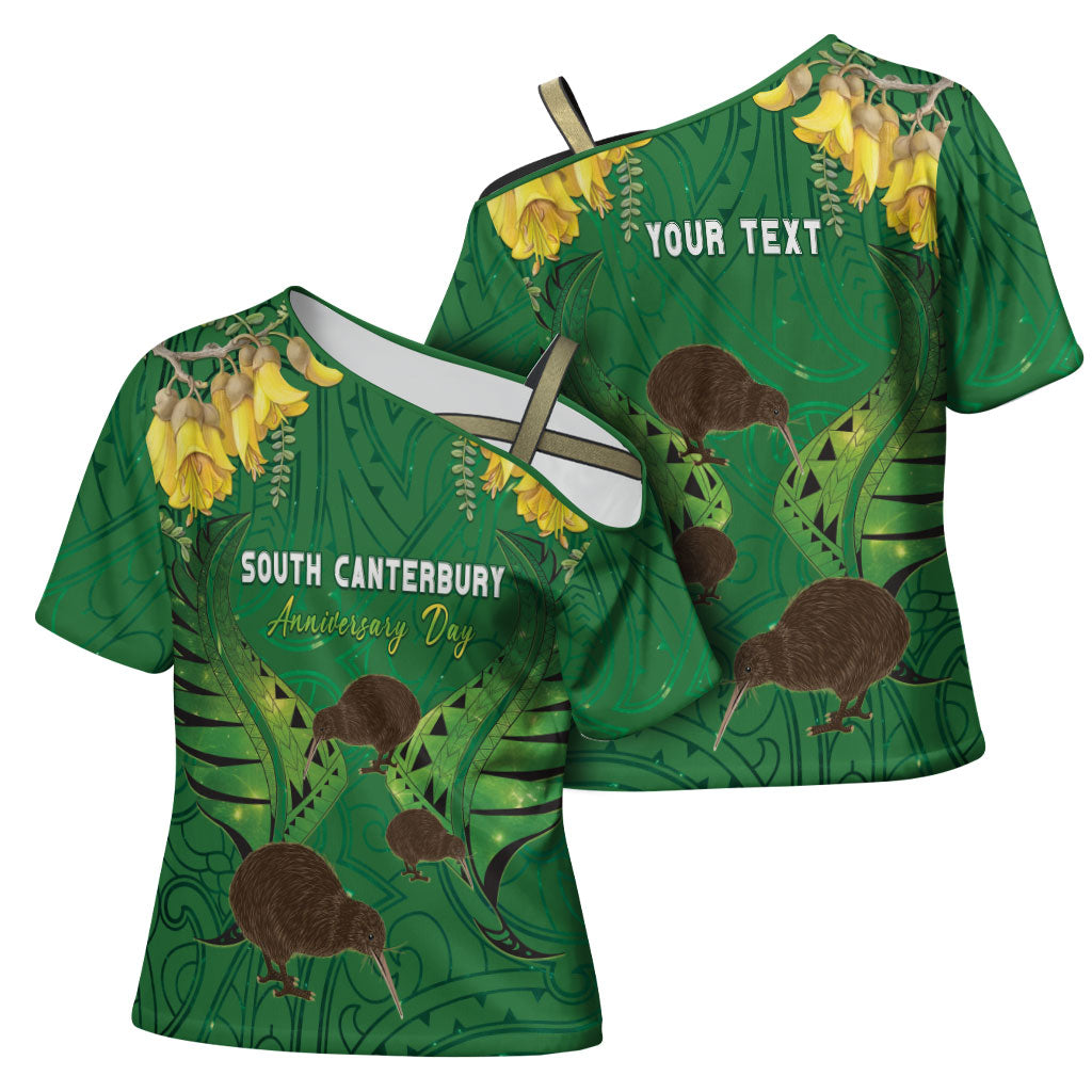 Personalised South Canterbury Anniversary Day Cross Shoulder Shirt Kiwi Kowhai Silver Fern Maori Pattern LT22 - Polynesian Pride