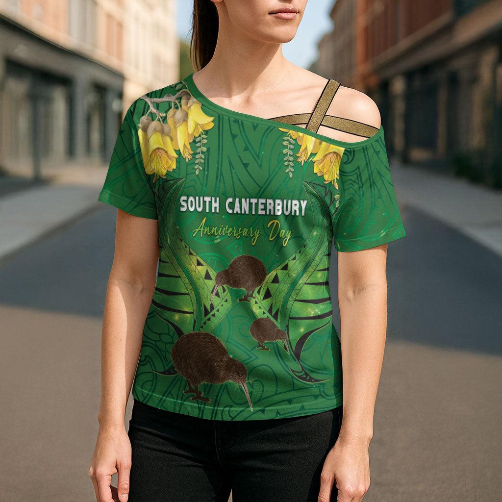 Personalised South Canterbury Anniversary Day Cross Shoulder Shirt Kiwi Kowhai Silver Fern Maori Pattern LT22 - Polynesian Pride