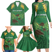 Personalised South Canterbury Anniversary Day Family Matching Long Sleeve Bodycon Dress and Hawaiian Shirt Kiwi Kowhai Silver Fern Maori Pattern LT22 - Polynesian Pride