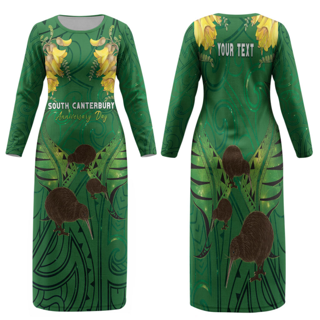 Personalised South Canterbury Anniversary Day Family Matching Long Sleeve Bodycon Dress and Hawaiian Shirt Kiwi Kowhai Silver Fern Maori Pattern LT22 Mom's Dress Green - Polynesian Pride
