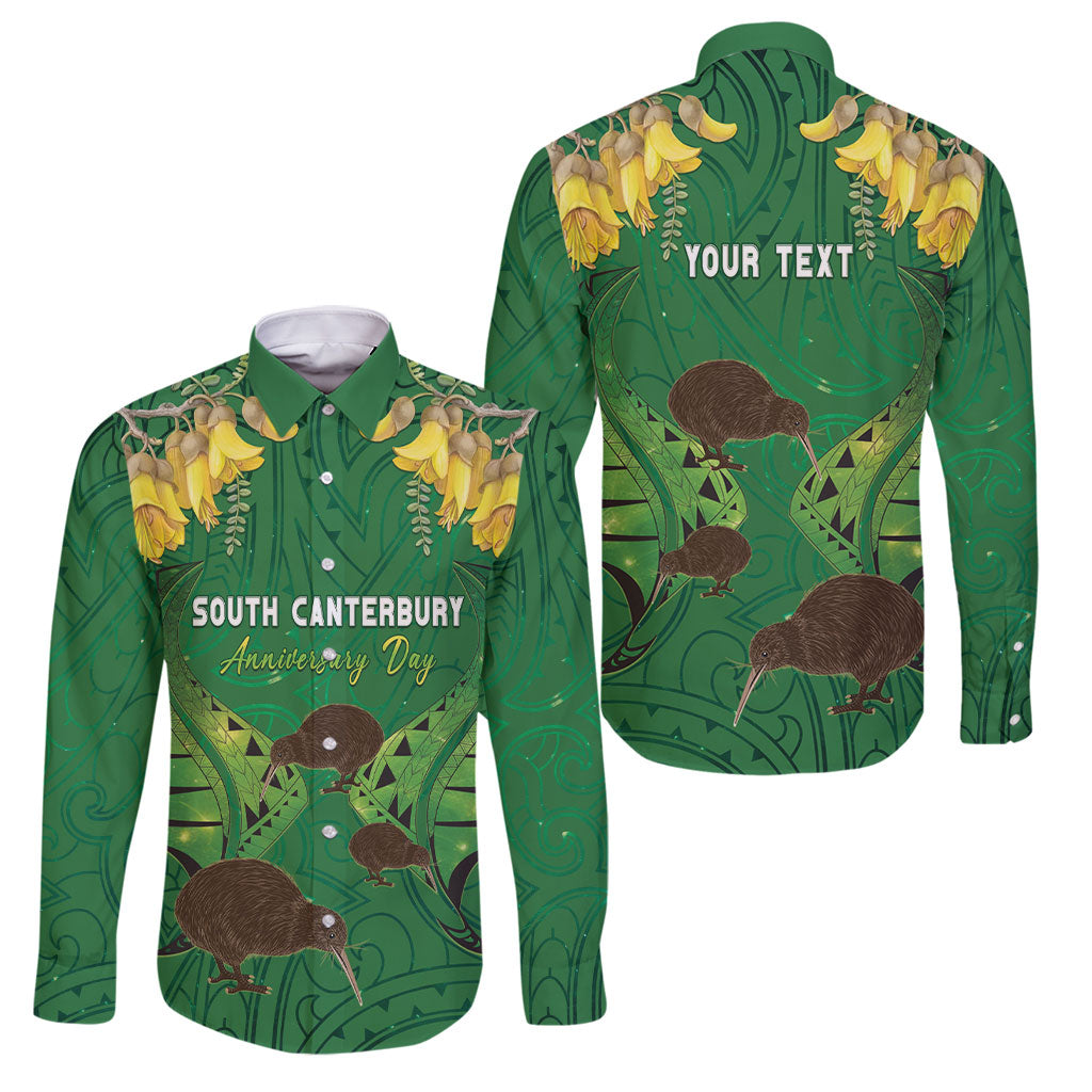Personalised South Canterbury Anniversary Day Family Matching Long Sleeve Bodycon Dress and Hawaiian Shirt Kiwi Kowhai Silver Fern Maori Pattern LT22 Dad's Shirt - Long Sleeve Green - Polynesian Pride