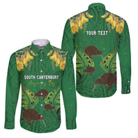 Personalised South Canterbury Anniversary Day Family Matching Long Sleeve Bodycon Dress and Hawaiian Shirt Kiwi Kowhai Silver Fern Maori Pattern LT22 Dad's Shirt - Long Sleeve Green - Polynesian Pride