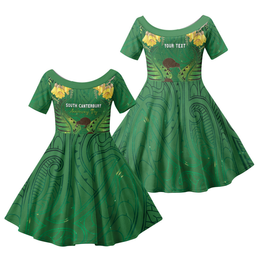 Personalised South Canterbury Anniversary Day Family Matching Long Sleeve Bodycon Dress and Hawaiian Shirt Kiwi Kowhai Silver Fern Maori Pattern LT22 Daughter's Dress Green - Polynesian Pride