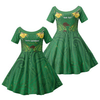 Personalised South Canterbury Anniversary Day Family Matching Long Sleeve Bodycon Dress and Hawaiian Shirt Kiwi Kowhai Silver Fern Maori Pattern LT22 Daughter's Dress Green - Polynesian Pride