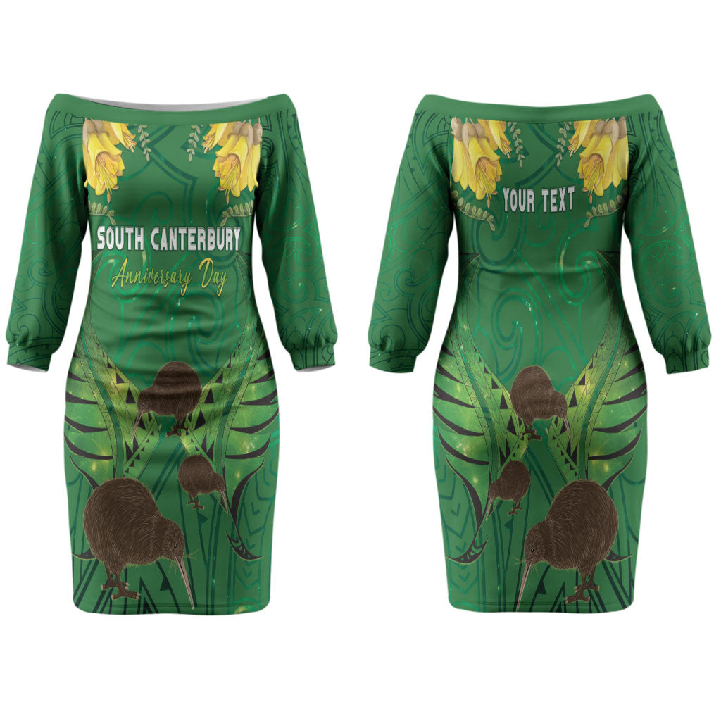 Personalised South Canterbury Anniversary Day Family Matching Off The Shoulder Long Sleeve Dress and Hawaiian Shirt Kiwi Kowhai Silver Fern Maori Pattern LT22 Mom's Dress Green - Polynesian Pride