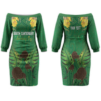 Personalised South Canterbury Anniversary Day Family Matching Off The Shoulder Long Sleeve Dress and Hawaiian Shirt Kiwi Kowhai Silver Fern Maori Pattern LT22 Mom's Dress Green - Polynesian Pride