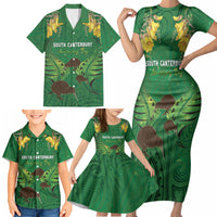 Personalised South Canterbury Anniversary Day Family Matching Short Sleeve Bodycon Dress and Hawaiian Shirt Kiwi Kowhai Silver Fern Maori Pattern LT22 - Polynesian Pride