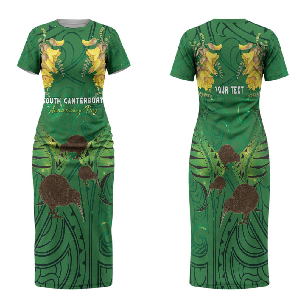 Personalised South Canterbury Anniversary Day Family Matching Short Sleeve Bodycon Dress and Hawaiian Shirt Kiwi Kowhai Silver Fern Maori Pattern LT22 Mom's Dress Green - Polynesian Pride