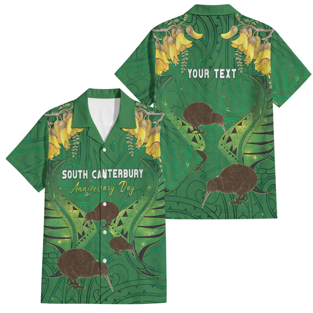 Personalised South Canterbury Anniversary Day Family Matching Short Sleeve Bodycon Dress and Hawaiian Shirt Kiwi Kowhai Silver Fern Maori Pattern LT22 Dad's Shirt - Short Sleeve Green - Polynesian Pride