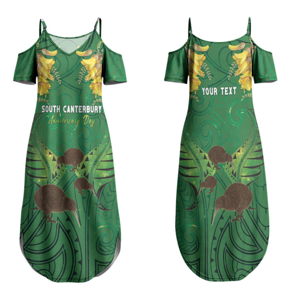 Personalised South Canterbury Anniversary Day Family Matching Summer Maxi Dress and Hawaiian Shirt Kiwi Kowhai Silver Fern Maori Pattern LT22 Mom's Dress Green - Polynesian Pride