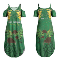 Personalised South Canterbury Anniversary Day Family Matching Summer Maxi Dress and Hawaiian Shirt Kiwi Kowhai Silver Fern Maori Pattern LT22 Mom's Dress Green - Polynesian Pride