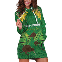 Personalised South Canterbury Anniversary Day Hoodie Dress Kiwi Kowhai Silver Fern Maori Pattern LT22 Green - Polynesian Pride