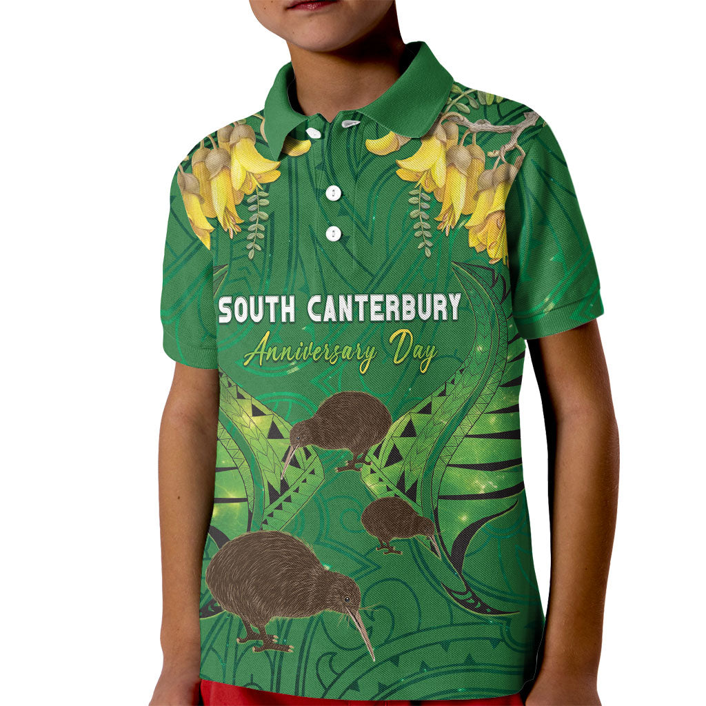 Personalised South Canterbury Anniversary Day Kid Polo Shirt Kiwi Kowhai Silver Fern Maori Pattern LT22 Kid Green - Polynesian Pride
