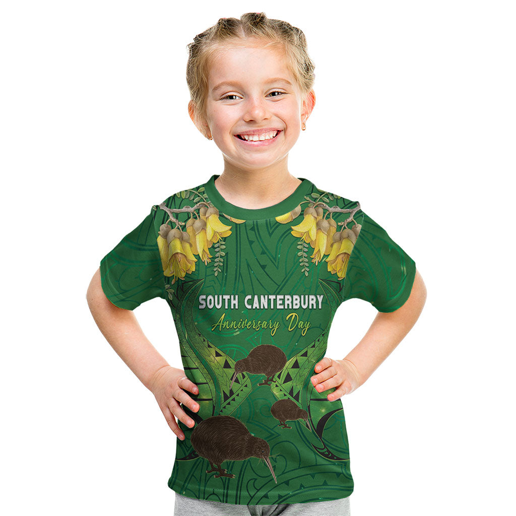 Personalised South Canterbury Anniversary Day Kid T Shirt Kiwi Kowhai Silver Fern Maori Pattern LT22 Green - Polynesian Pride