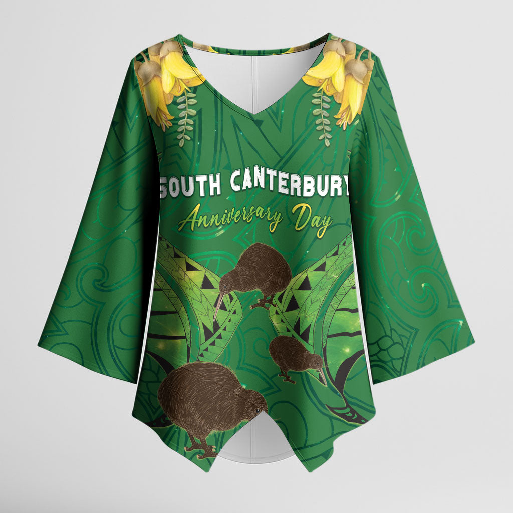 Personalised South Canterbury Anniversary Day Kimono Sleeve Blouse Kiwi Kowhai Silver Fern Maori Pattern LT22 Female Green - Polynesian Pride