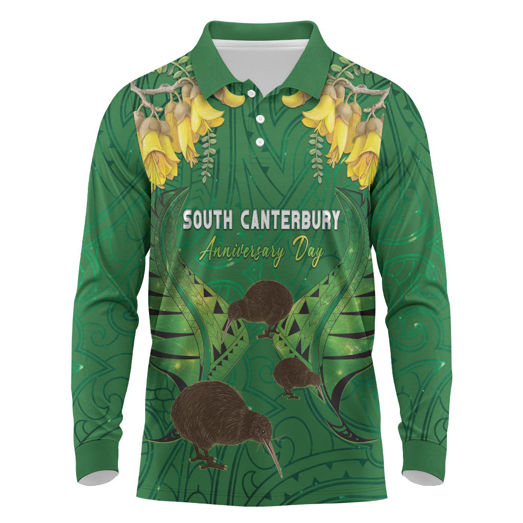 Personalised South Canterbury Anniversary Day Long Sleeve Polo Shirt Kiwi Kowhai Silver Fern Maori Pattern LT22 Green - Polynesian Pride