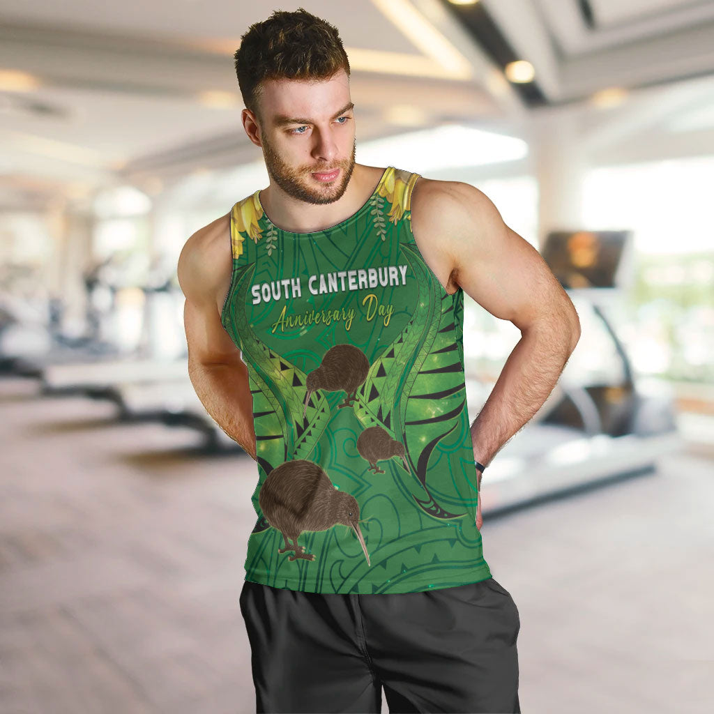 Personalised South Canterbury Anniversary Day Men Tank Top Kiwi Kowhai Silver Fern Maori Pattern LT22 Green - Polynesian Pride