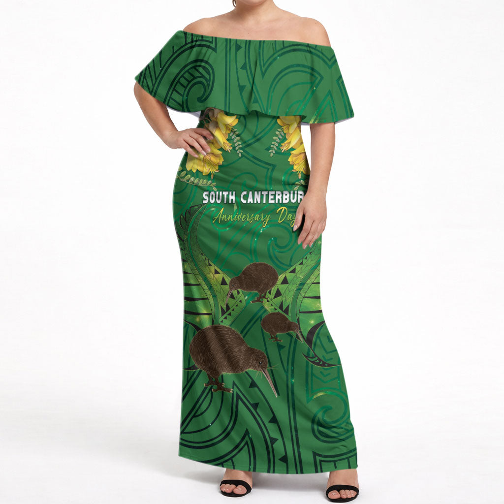 Personalised South Canterbury Anniversary Day Off Shoulder Maxi Dress Kiwi Kowhai Silver Fern Maori Pattern LT22 Women Green - Polynesian Pride