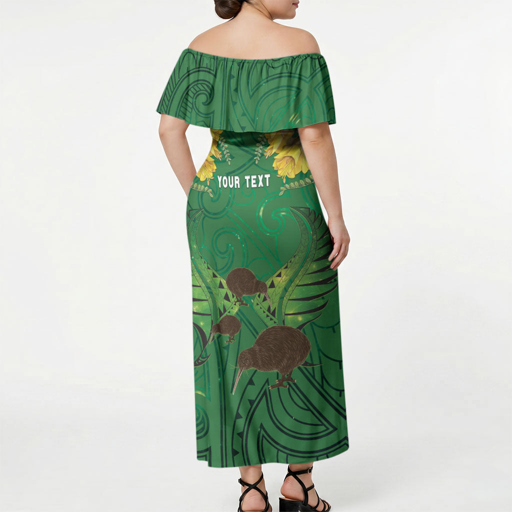 Personalised South Canterbury Anniversary Day Off Shoulder Maxi Dress Kiwi Kowhai Silver Fern Maori Pattern LT22 - Polynesian Pride