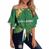 Personalised South Canterbury Anniversary Day Off Shoulder Wrap Waist Top Kiwi Kowhai Silver Fern Maori Pattern LT22 Green - Polynesian Pride