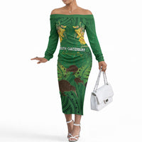 Personalised South Canterbury Anniversary Day Off The Shoulder Long Sleeve Dress Kiwi Kowhai Silver Fern Maori Pattern LT22 Women Green - Polynesian Pride