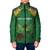Personalised South Canterbury Anniversary Day Padded Jacket Kiwi Kowhai Silver Fern Maori Pattern LT22 Men Green - Polynesian Pride