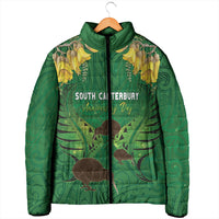 Personalised South Canterbury Anniversary Day Padded Jacket Kiwi Kowhai Silver Fern Maori Pattern LT22 - Polynesian Pride