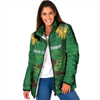 Personalised South Canterbury Anniversary Day Padded Jacket Kiwi Kowhai Silver Fern Maori Pattern LT22 Women Green - Polynesian Pride