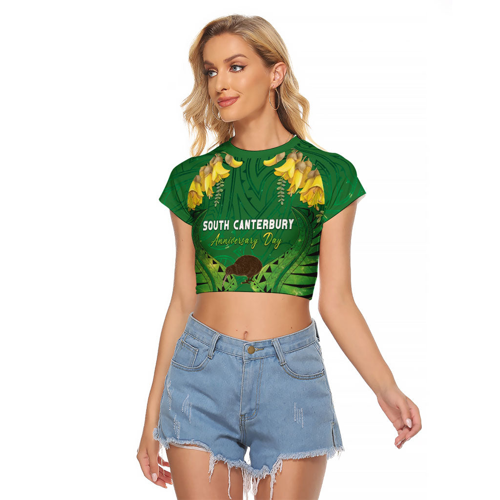 Personalised South Canterbury Anniversary Day Raglan Cropped T Shirt Kiwi Kowhai Silver Fern Maori Pattern LT22 Female Green - Polynesian Pride