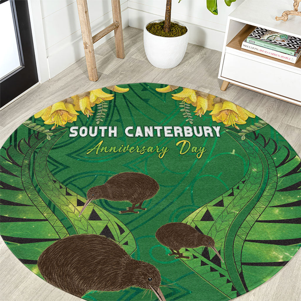 South Canterbury Anniversary Day Round Carpet Kiwi Kowhai Silver Fern Maori Pattern LT22 Green - Polynesian Pride