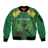 Personalised South Canterbury Anniversary Day Sleeve Zip Bomber Jacket Kiwi Kowhai Silver Fern Maori Pattern LT22 Unisex Green - Polynesian Pride