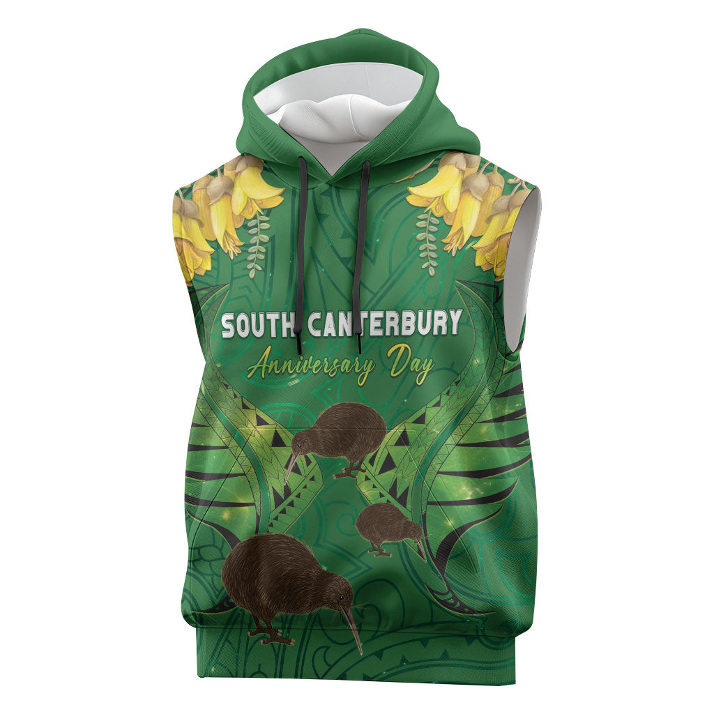 Personalised South Canterbury Anniversary Day Sleeveless Hoodie Kiwi Kowhai Silver Fern Maori Pattern LT22 Green - Polynesian Pride