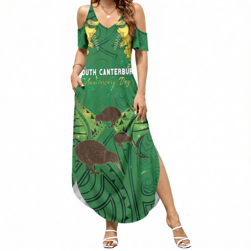 Personalised South Canterbury Anniversary Day Summer Maxi Dress Kiwi Kowhai Silver Fern Maori Pattern