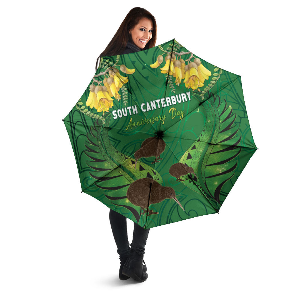 South Canterbury Anniversary Day Umbrella Kiwi Kowhai Silver Fern Maori Pattern LT22 - Polynesian Pride