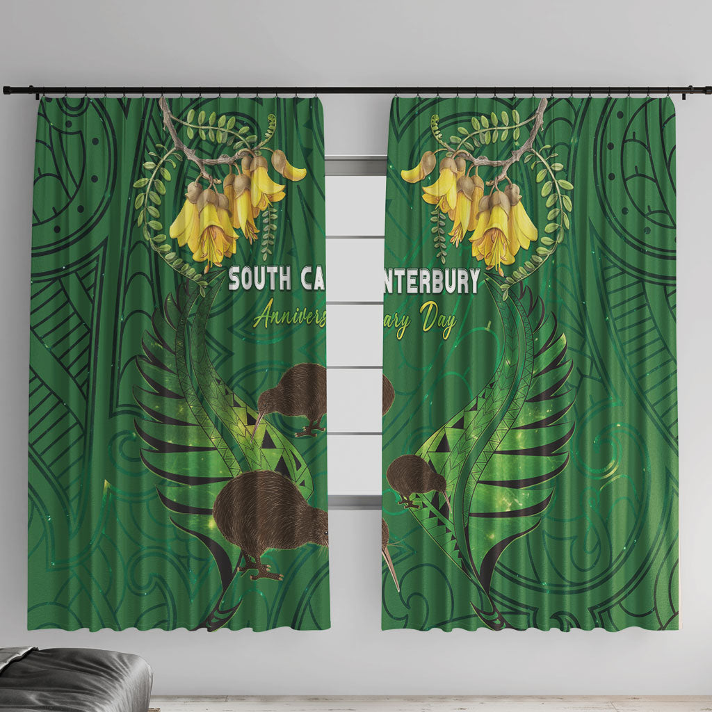 South Canterbury Anniversary Day Window Curtain Kiwi Kowhai Silver Fern Maori Pattern LT22 With Hooks Green - Polynesian Pride