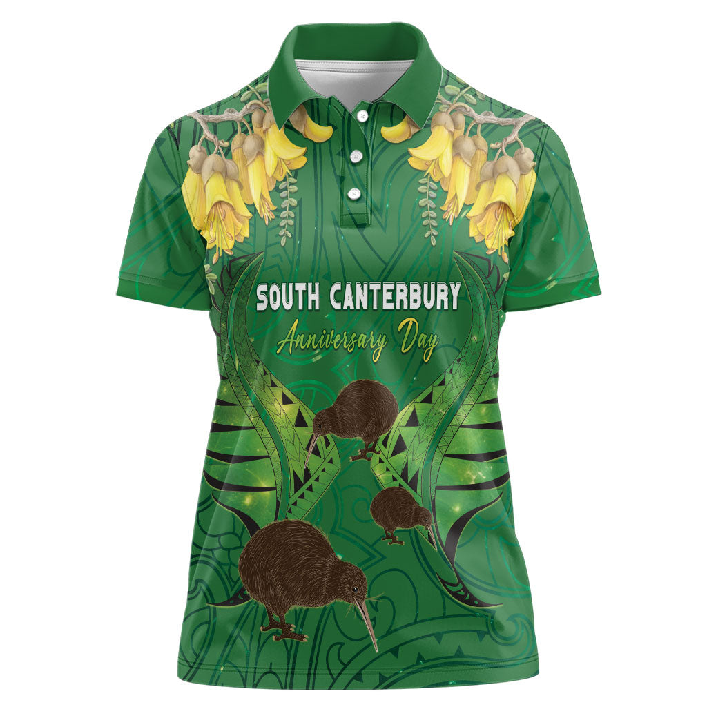 Personalised South Canterbury Anniversary Day Women Polo Shirt Kiwi Kowhai Silver Fern Maori Pattern LT22 Female Green - Polynesian Pride