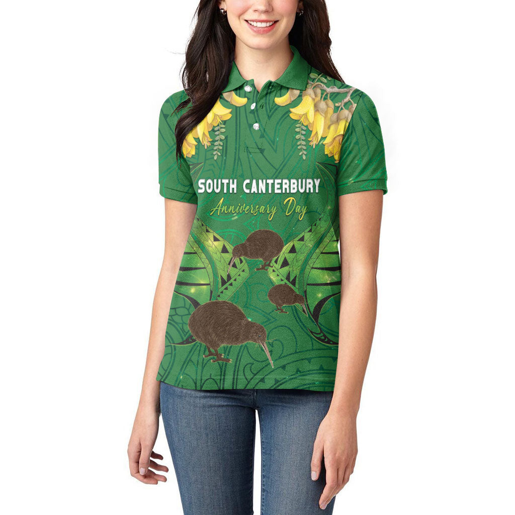 Personalised South Canterbury Anniversary Day Women Polo Shirt Kiwi Kowhai Silver Fern Maori Pattern LT22 - Polynesian Pride