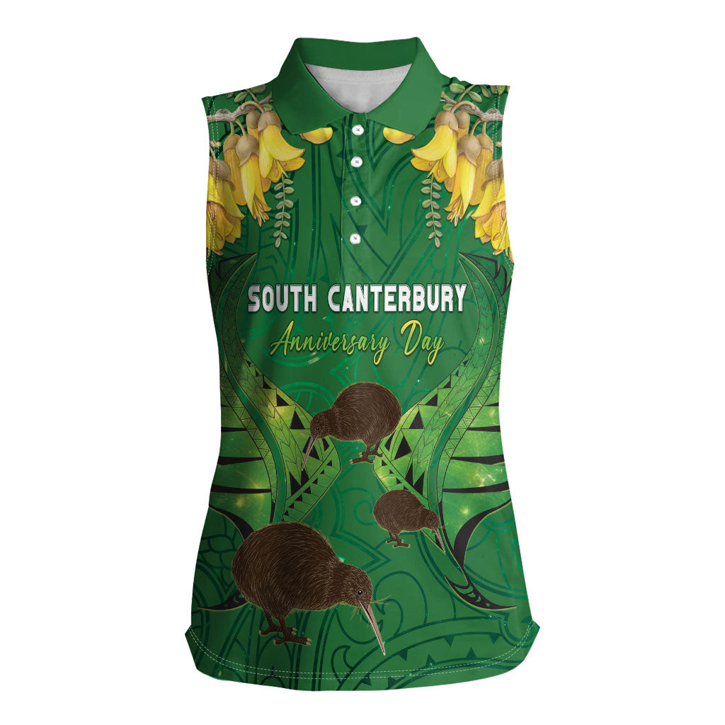 Personalised South Canterbury Anniversary Day Women Sleeveless Polo Shirt Kiwi Kowhai Silver Fern Maori Pattern