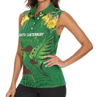 Personalised South Canterbury Anniversary Day Women Sleeveless Polo Shirt Kiwi Kowhai Silver Fern Maori Pattern LT22 - Polynesian Pride