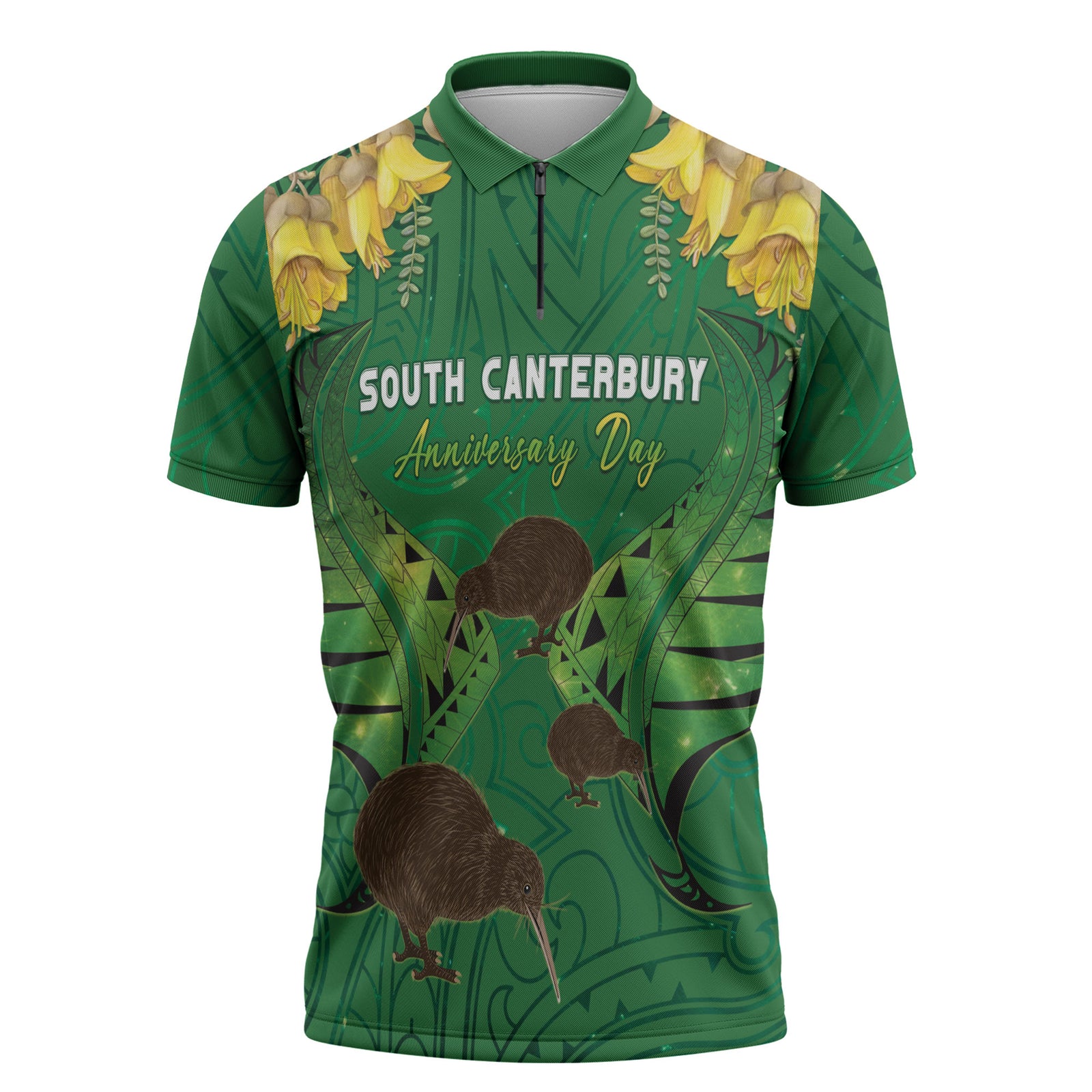 Personalised South Canterbury Anniversary Day Zipper Polo Shirt Kiwi Kowhai Silver Fern Maori Pattern LT22 Green - Polynesian Pride