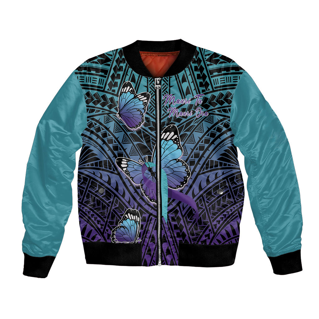 Personalised New Zealand Suicide Prevention Month Bomber Jacket Maori Mauri Tu Mauri Ora Polynesian Pattern LT22 Unisex Teal - Polynesian Pride