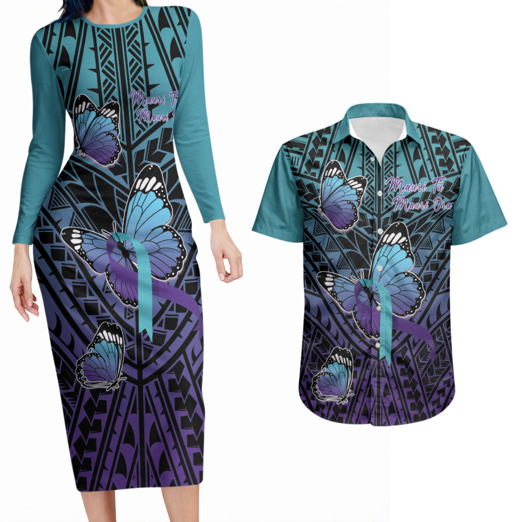 Personalised New Zealand Suicide Prevention Month Couples Matching Long Sleeve Bodycon Dress and Hawaiian Shirt Maori Mauri Tu Mauri Ora Polynesian Pattern LT22 Teal - Polynesian Pride