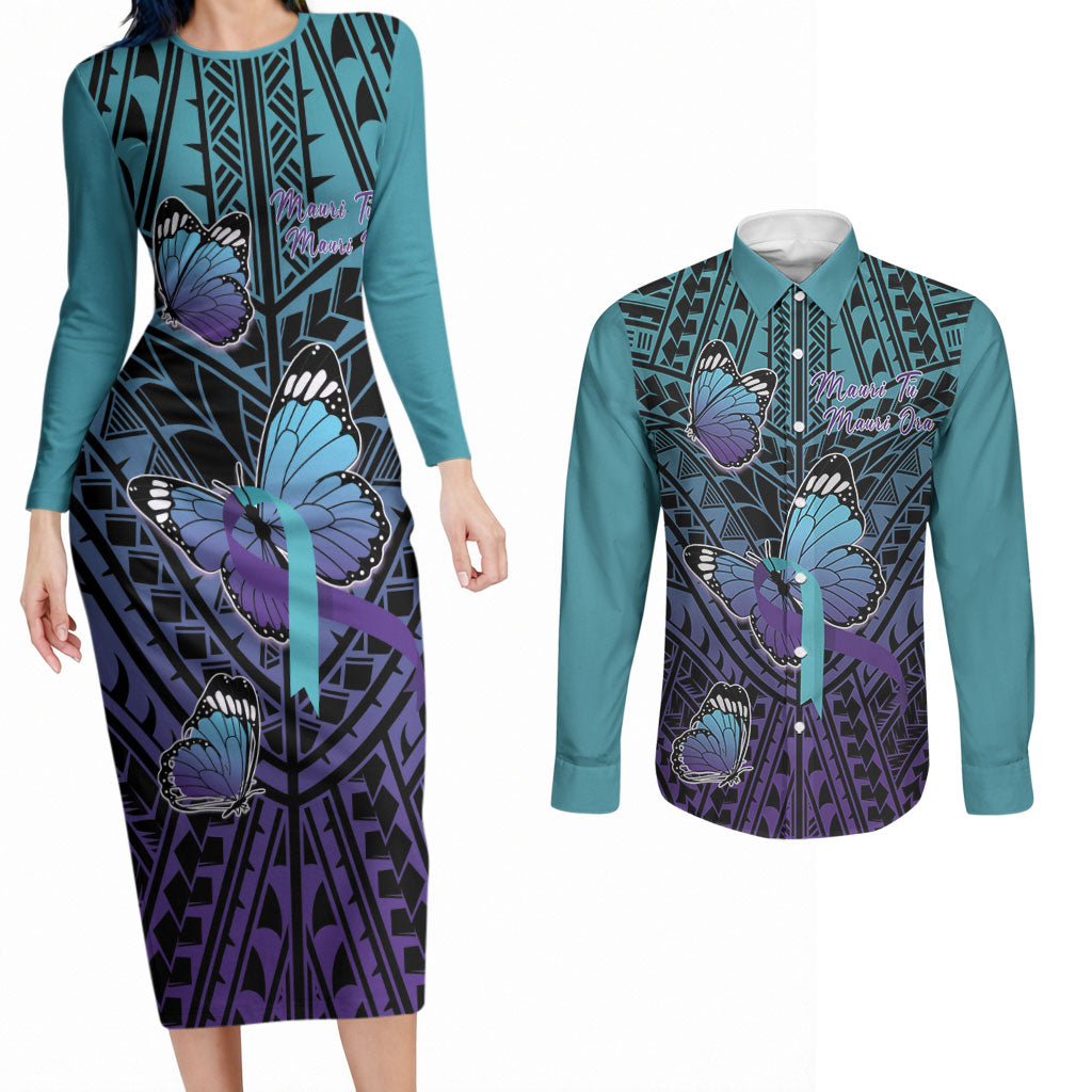 Personalised New Zealand Suicide Prevention Month Couples Matching Long Sleeve Bodycon Dress and Long Sleeve Button Shirt Maori Mauri Tu Mauri Ora Polynesian Pattern LT22 Teal - Polynesian Pride