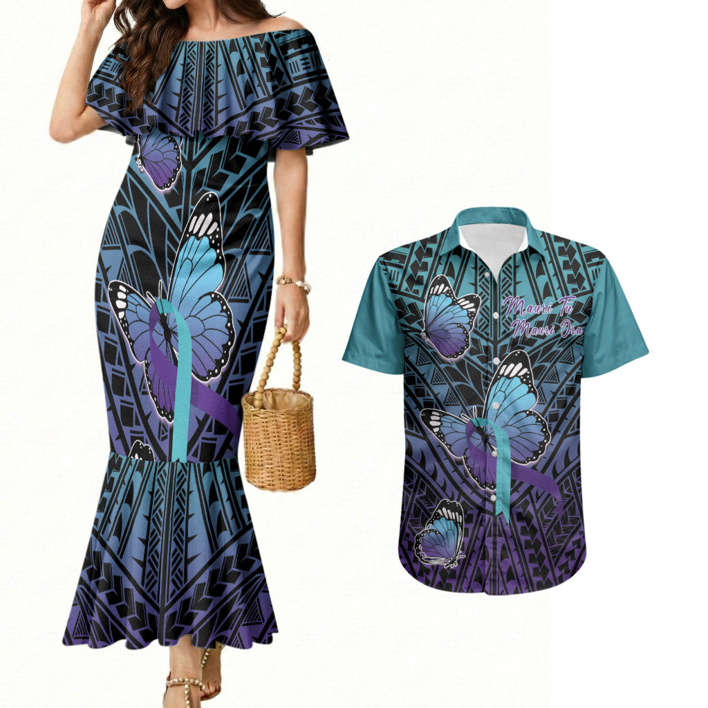 Personalised New Zealand Suicide Prevention Month Couples Matching Mermaid Dress and Hawaiian Shirt Maori Mauri Tu Mauri Ora Polynesian Pattern LT22 Teal - Polynesian Pride