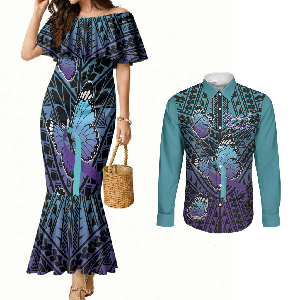 Personalised New Zealand Suicide Prevention Month Couples Matching Mermaid Dress and Long Sleeve Button Shirt Maori Mauri Tu Mauri Ora Polynesian Pattern LT22 Teal - Polynesian Pride