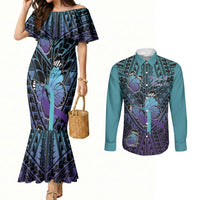 Personalised New Zealand Suicide Prevention Month Couples Matching Mermaid Dress and Long Sleeve Button Shirt Maori Mauri Tu Mauri Ora Polynesian Pattern LT22 Teal - Polynesian Pride