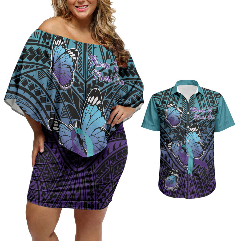 Personalised New Zealand Suicide Prevention Month Couples Matching Off Shoulder Short Dress and Hawaiian Shirt Maori Mauri Tu Mauri Ora Polynesian Pattern LT22 Teal - Polynesian Pride